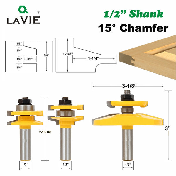 12 mm 1/2 Zoll Schaft, 3 Bits, 15 Grad Fase, Schranktür-Zapfen-Fräser-Set, Schienen- und Holm-Fräser für erhöhte Platten