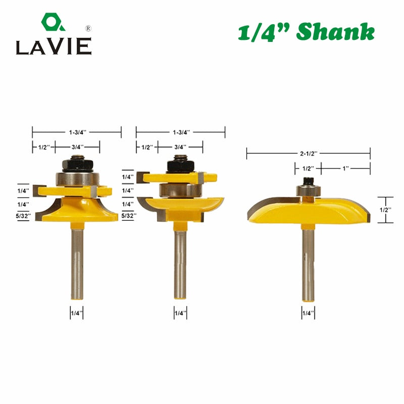 3pcs 1/4" Shank Round Rail & Stile Router Bits Set Cove Raised Panel Cutting Milling Cutter for Wood Woodworking Tools