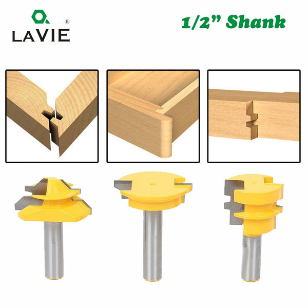 3 Stück 12 mm 1/2 Zoll Schaft Zapfenfräser Set Schubladenformung 45 Grad Sperre Gehrungsbit Klebeverbindung Holzfräser