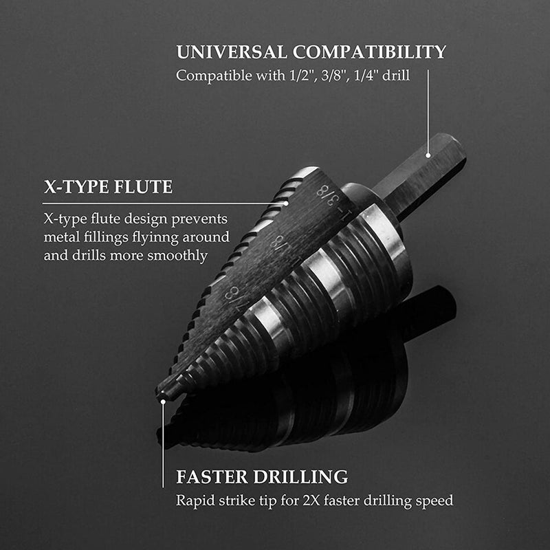 Double Fluted Faster Drilling Step Drill Bit Professional Unibit Drill Bit 7/8 to 1-3/8-In for Metal Steel Wood Aluminum