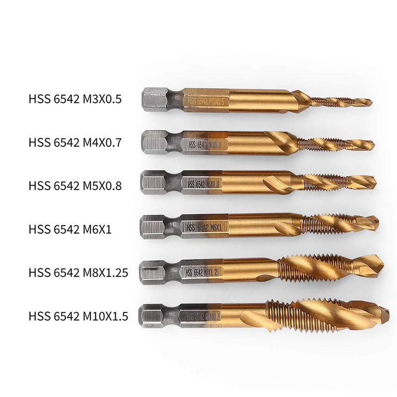 M3-M10 6 Pack HSS Hex Shank Titanium Combination Drill Tap Bits Set Metric Drill and Tap Set Screw Tapping bit Tool